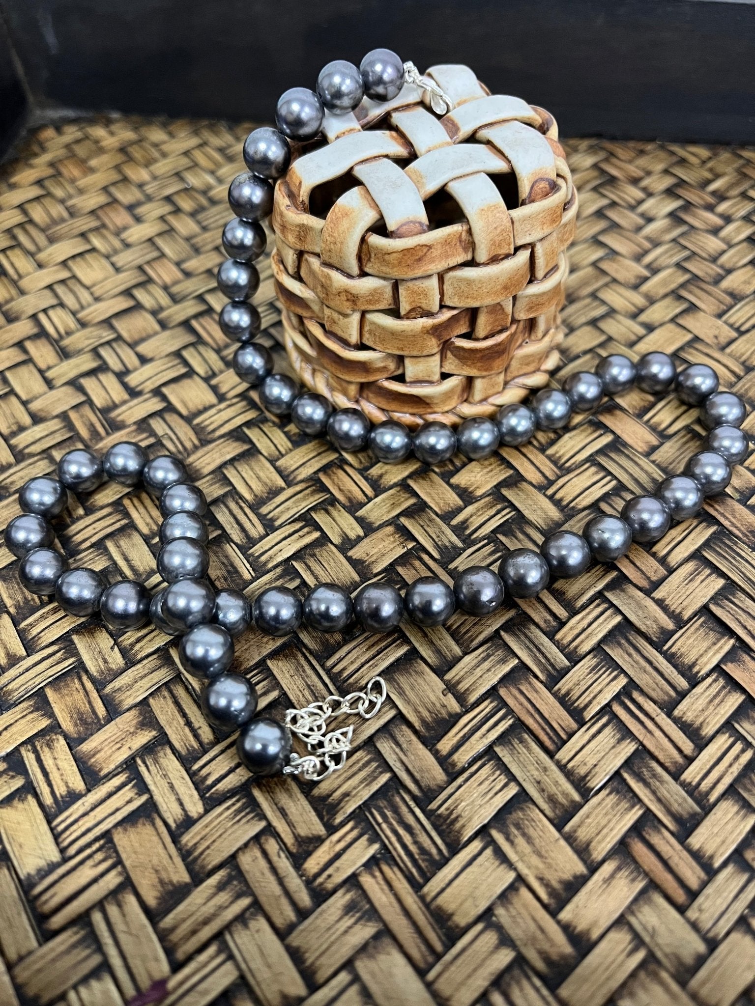 Handmade 8 mm Simulated Pearl Metallic Dark Grey Adjustable Mala Single Strand - Necklace