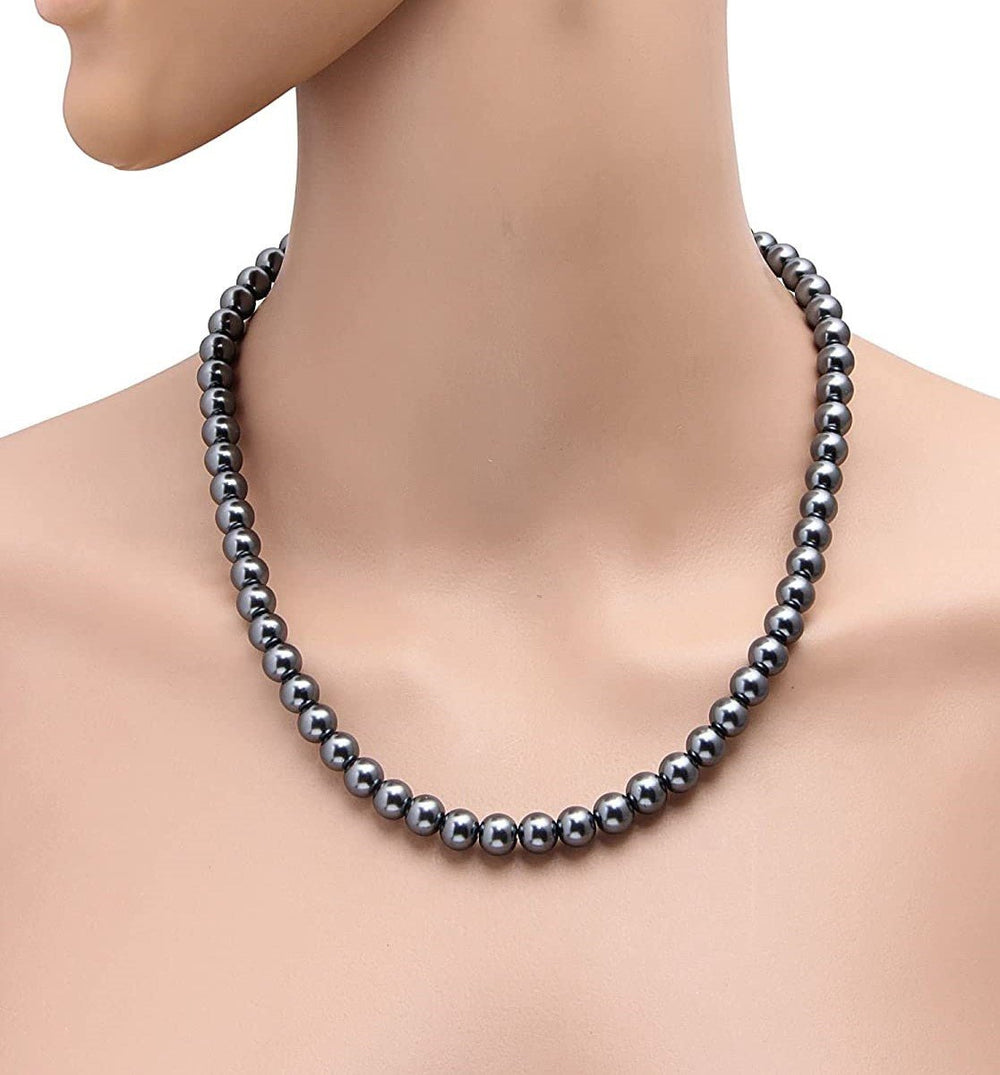 Handmade 8 mm Simulated Pearl Metallic Dark Grey Adjustable Mala Single Strand - Necklace
