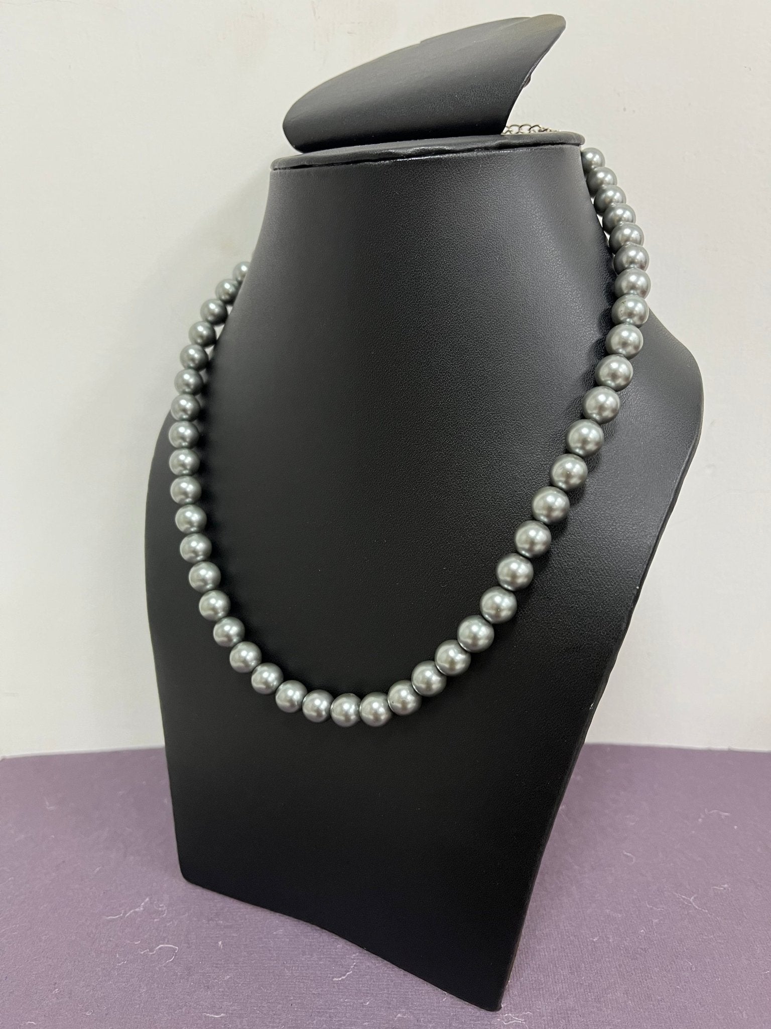 Handmade 8 mm Simulated Sliver Grey Colour Pearl Adjustable Mala Single Strand - Necklace