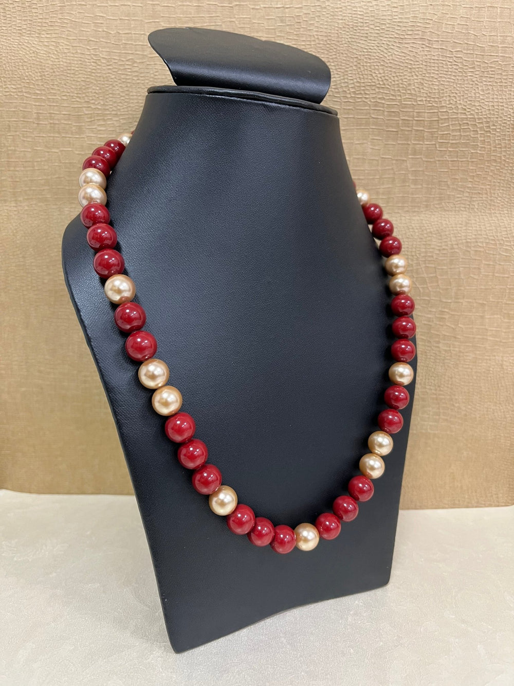 Handmade Simulated Red and Golden Pearl Designer Adjustable Mala Single Strand - Necklace