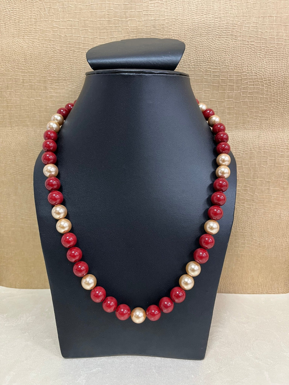 Handmade Simulated Red and Golden Pearl Designer Adjustable Mala Single Strand - Necklace