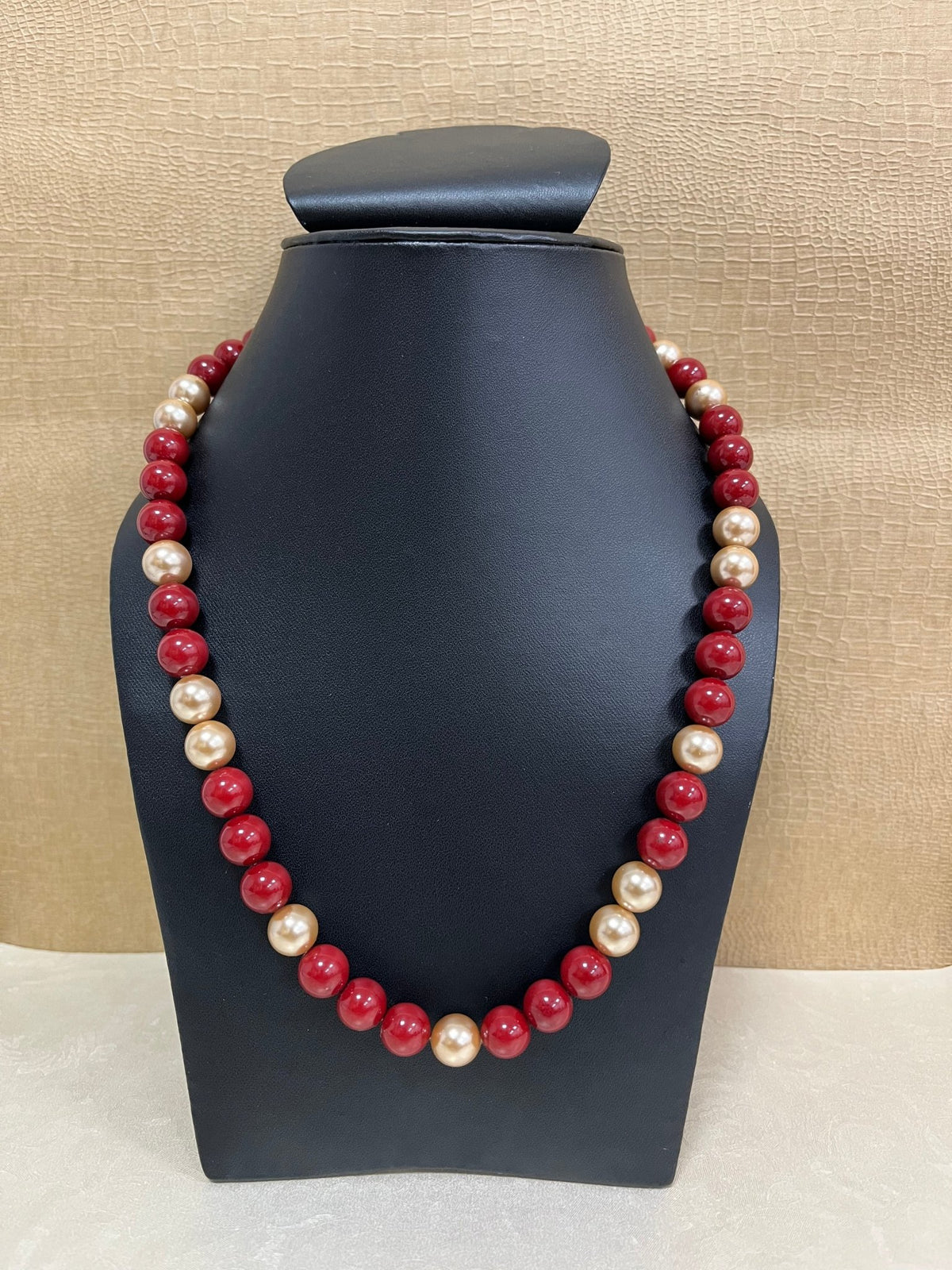 Handmade Simulated Red and Golden Pearl Designer Adjustable Mala Single Strand - Necklace