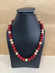 Handmade Simulated Red and Golden Pearl Designer Adjustable Mala Single Strand - Necklace