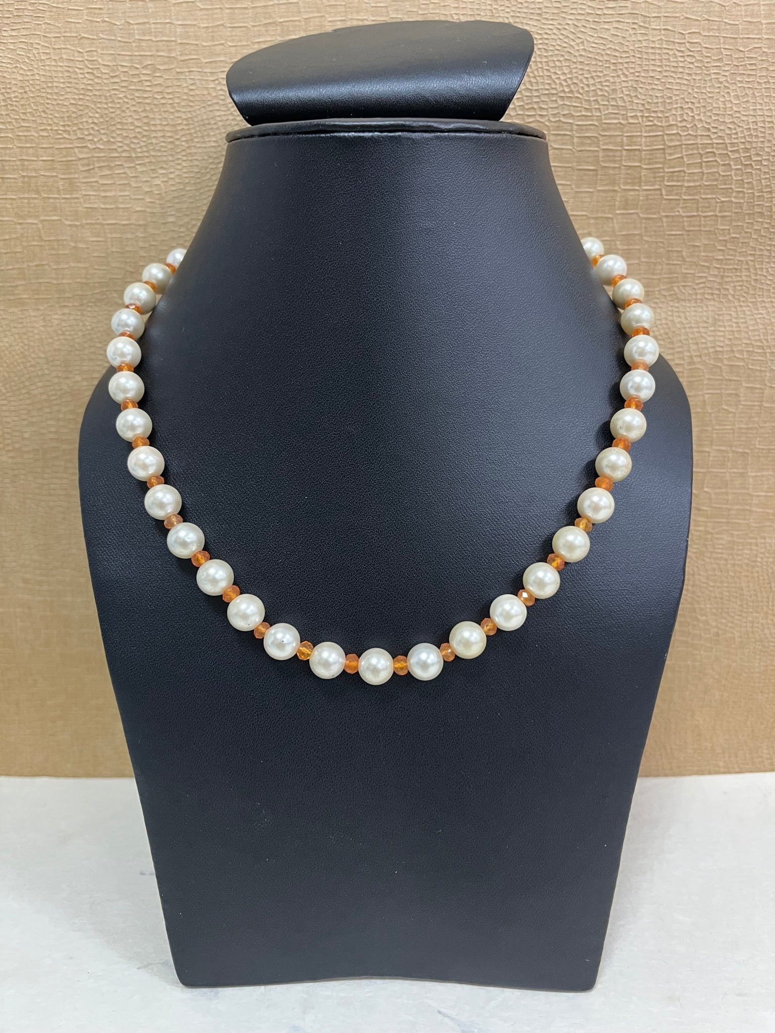 Handmade Simulated White Pearl with Orange Beads Adjustable Mala Single Strand - Necklace