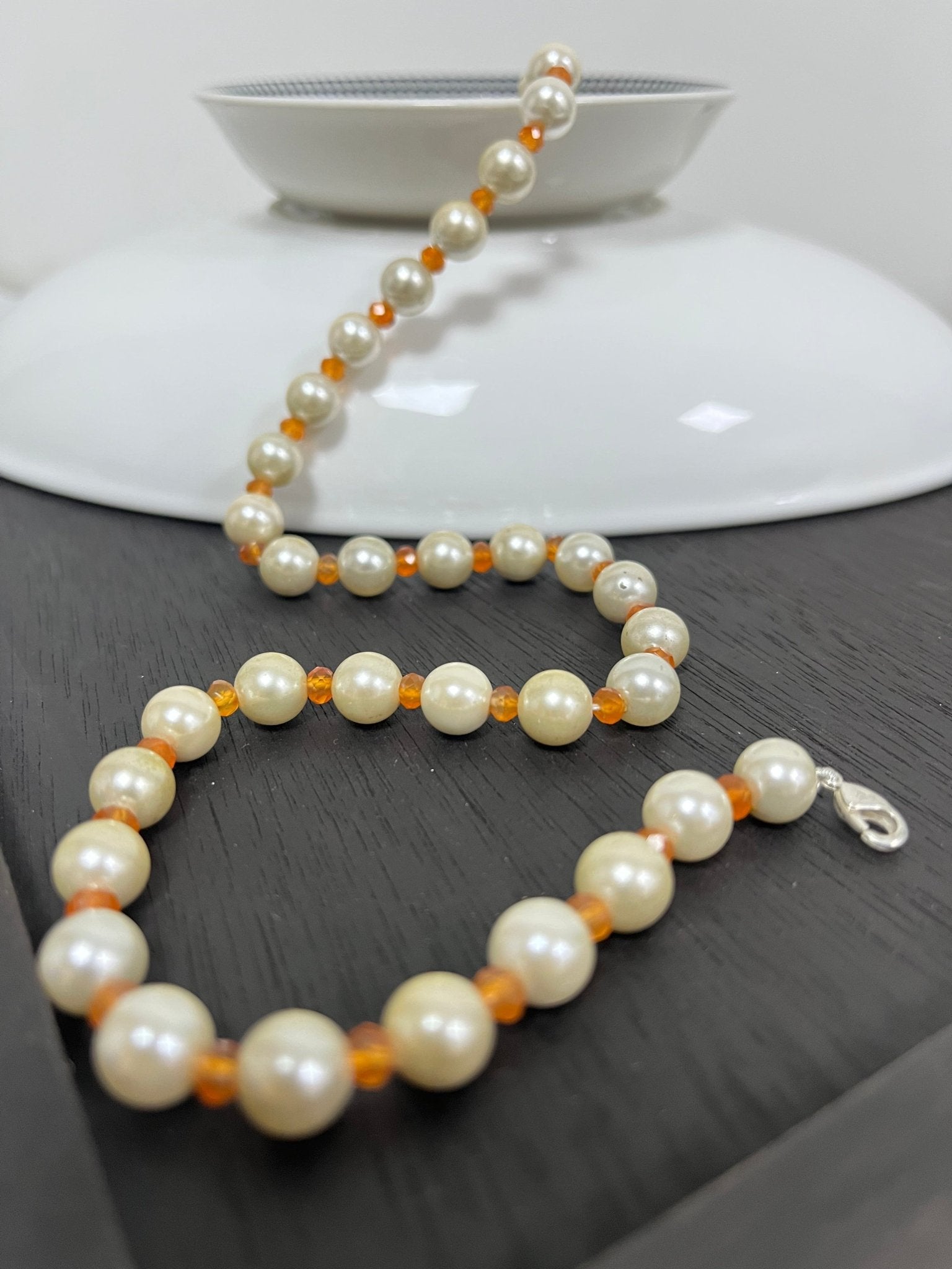 Handmade Simulated White Pearl with Orange Beads Adjustable Mala Single Strand - Necklace