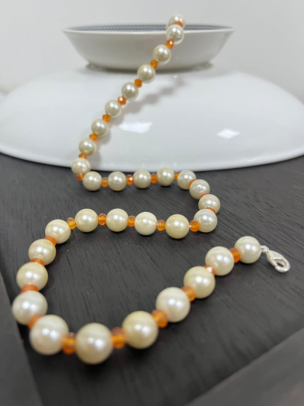 Handmade Simulated White Pearl with Orange Beads Adjustable Mala Single Strand - Necklace