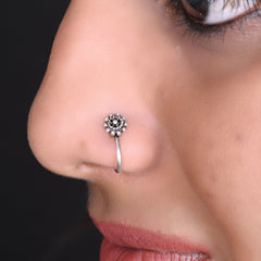 Oxidized Flower Light Weighted Clip on Nose Pin in 92.5 Silver - Silver Clip On Nose Pin