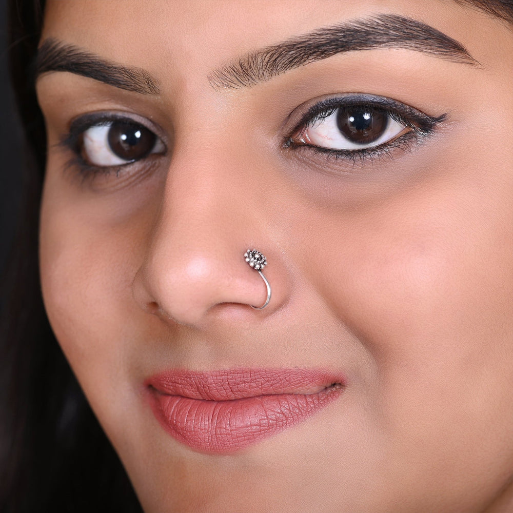 Oxidized Flower Light Weighted Clip on Nose Pin in 92.5 Silver - Silver Clip On Nose Pin