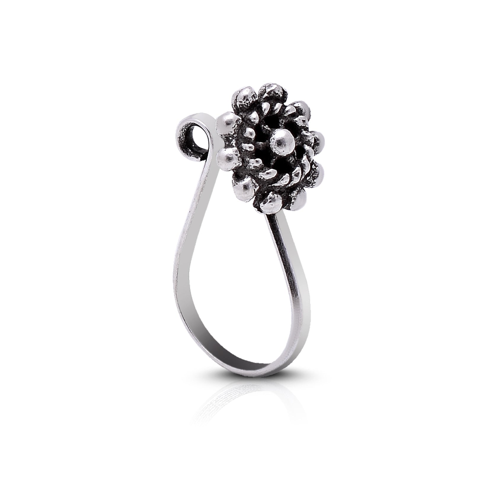 Oxidized Flower Light Weighted Clip on Nose Pin in 92.5 Silver - Silver Clip On Nose Pin