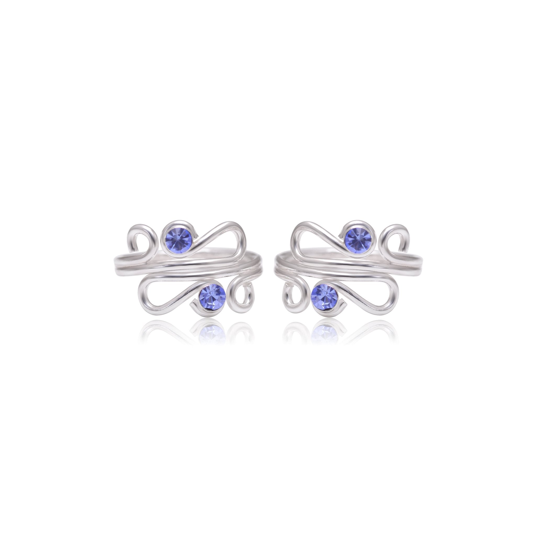 Pair of designer Adjustable Toe rings in Blue Cubic Zirconia in 925 Silver - Toe Rings