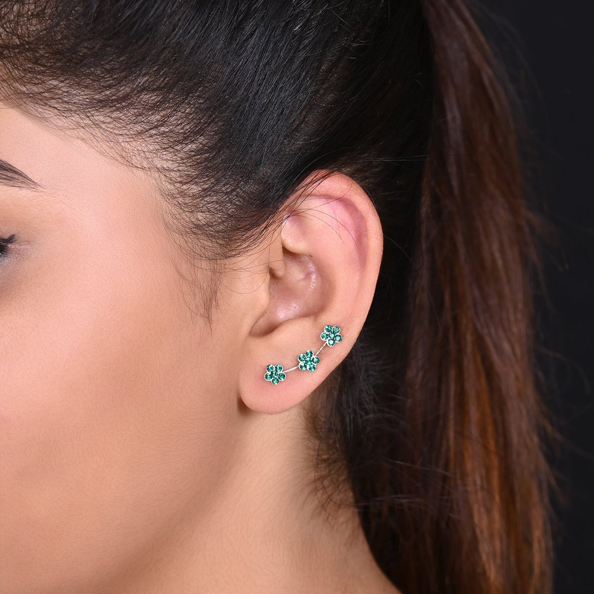 Pair of Ear Climbers Crawlers in 92.5 Silver and Green CZ Stones for Navratri - Studs