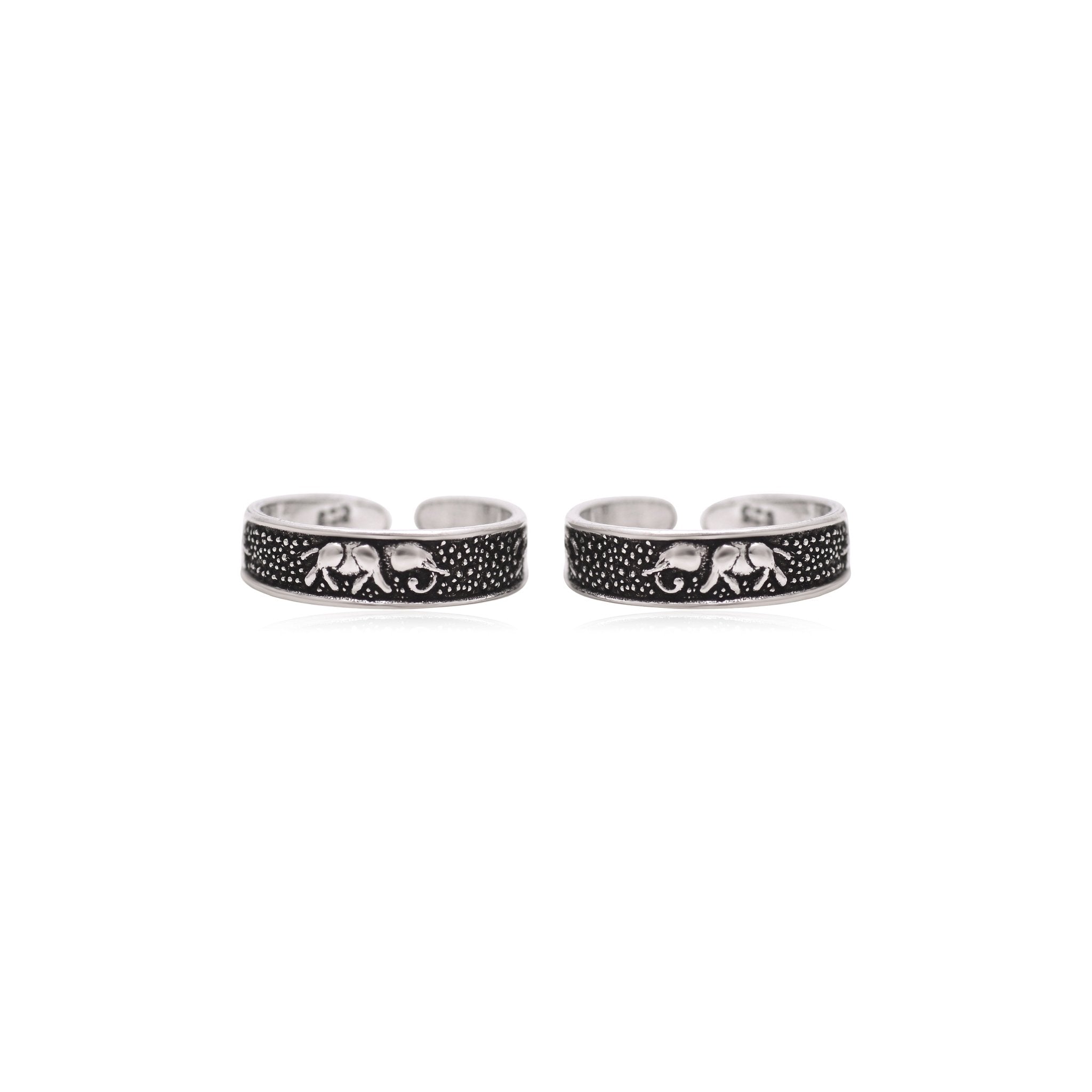 Pair of Elephant Oxidized 925 Silver Toe Rings Bichiya - Toe Rings