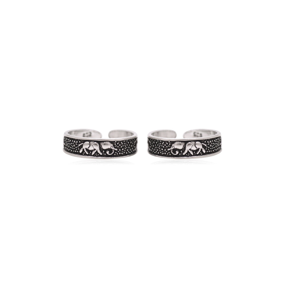 Pair of Elephant Oxidized 925 Silver Toe Rings Bichiya - Toe Rings