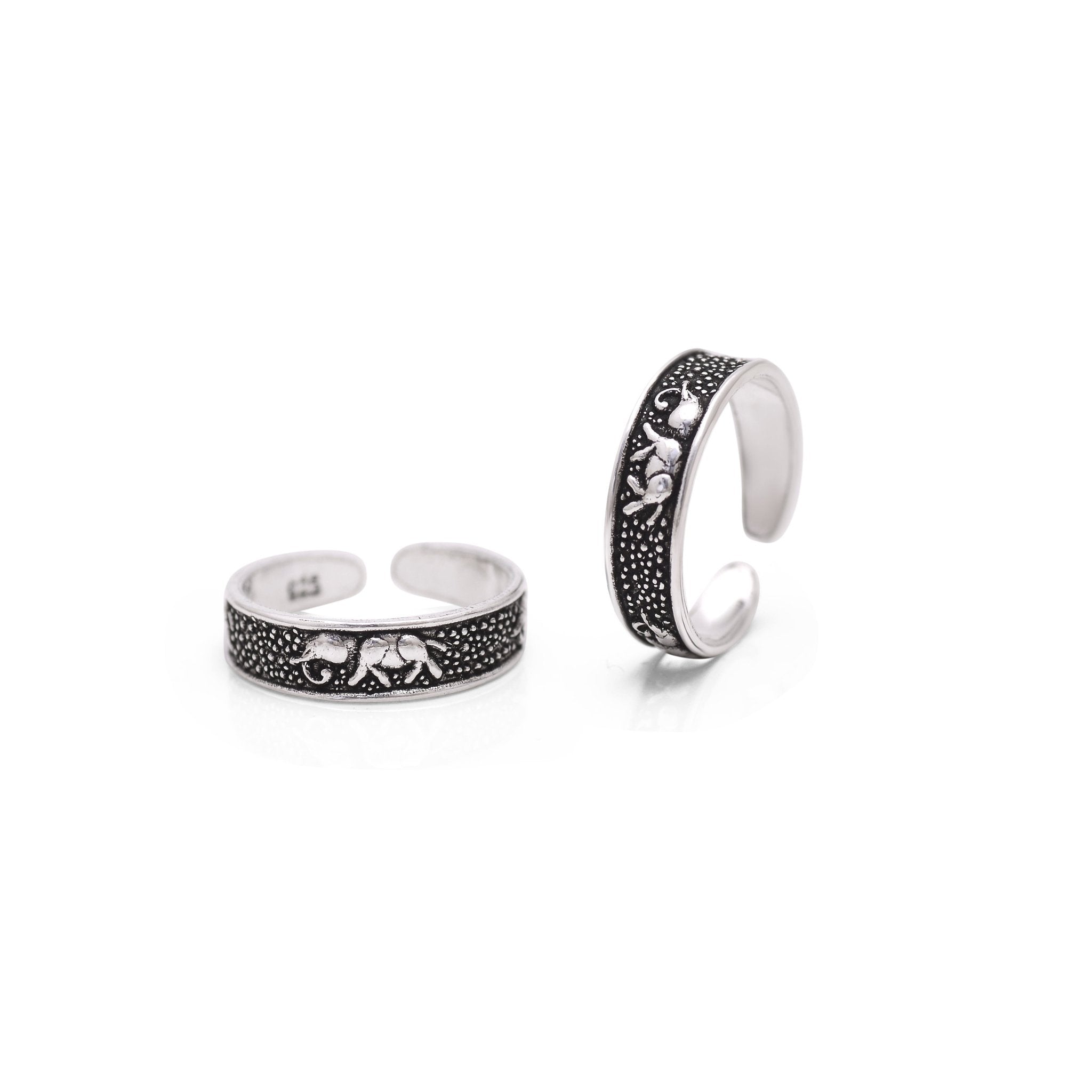 Pair of Elephant Oxidized 925 Silver Toe Rings Bichiya - Toe Rings
