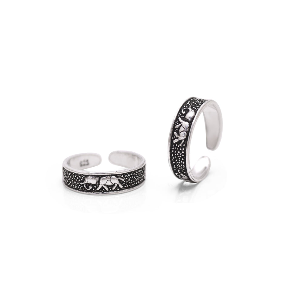 Pair of Elephant Oxidized 925 Silver Toe Rings Bichiya - Toe Rings