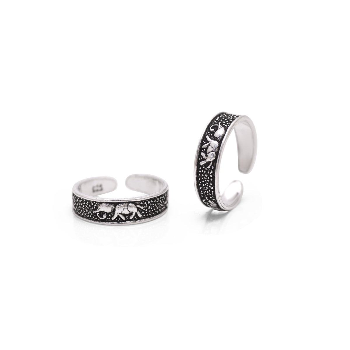 Pair of Elephant Oxidized 925 Silver Toe Rings Bichiya - Toe Rings