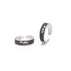 Pair of Elephant Oxidized 925 Silver Toe Rings Bichiya - Toe Rings