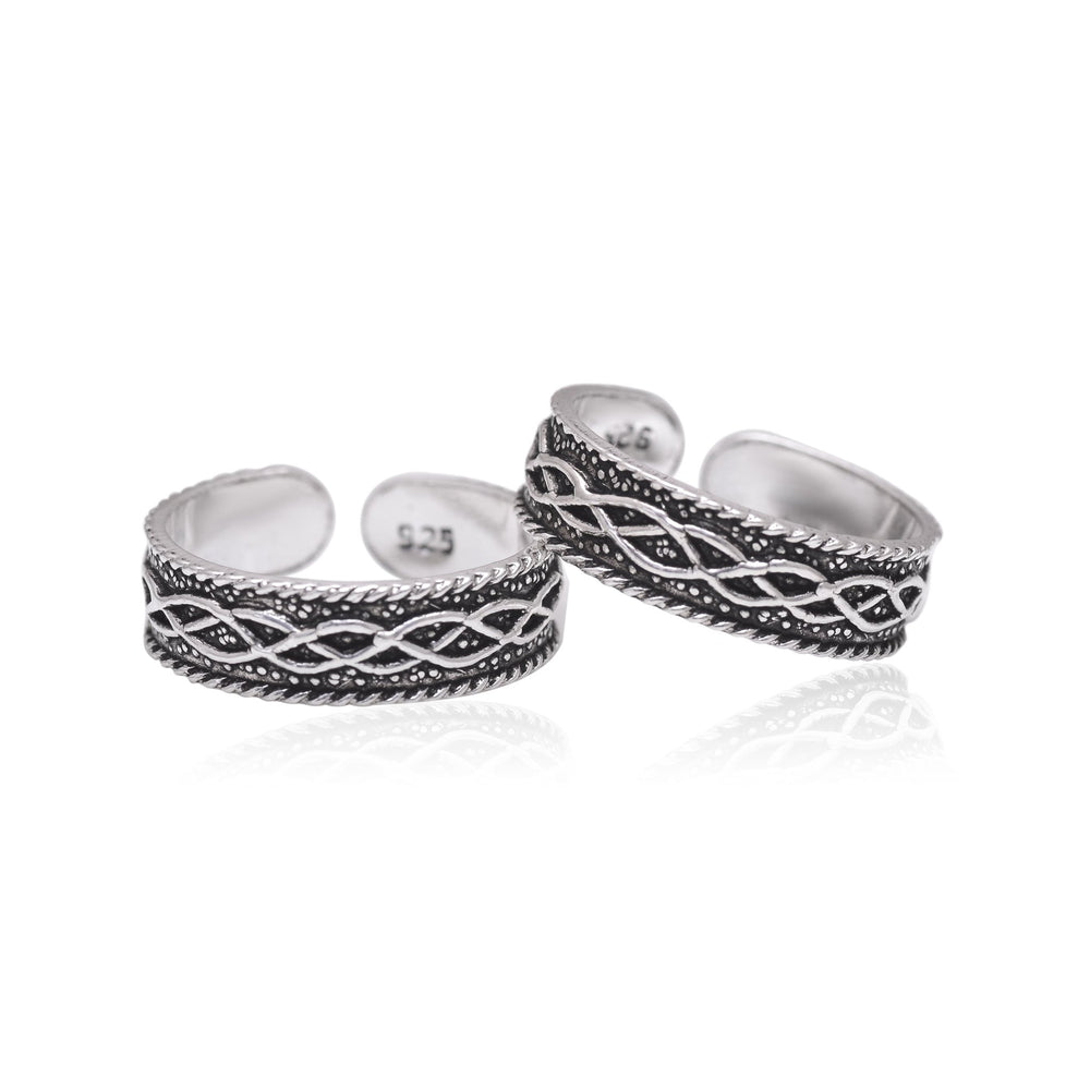 Pair of Stylish Oxidized 925 Silver Toe Rings Bichiya - Toe Rings