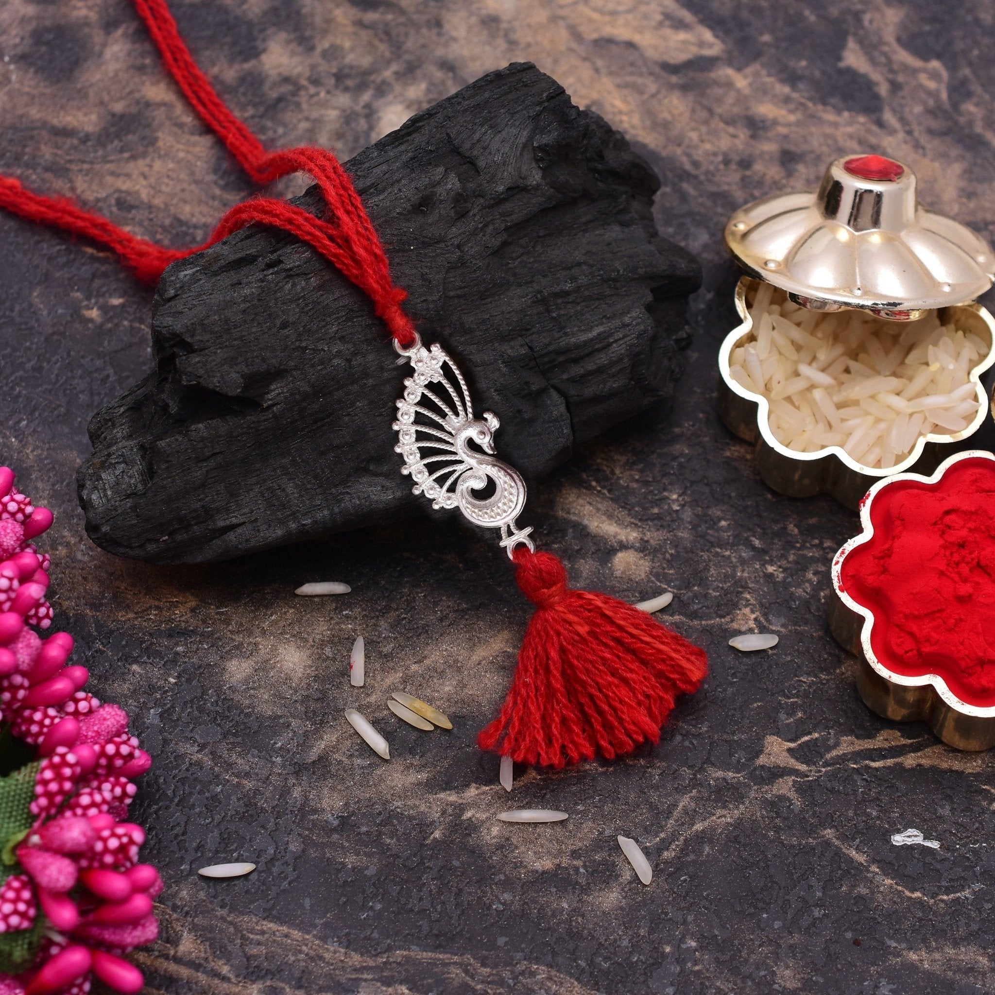 Silver Alloy Peacock Thread Loomba Rakhi for Bhabhi - Bangles And Bracelets