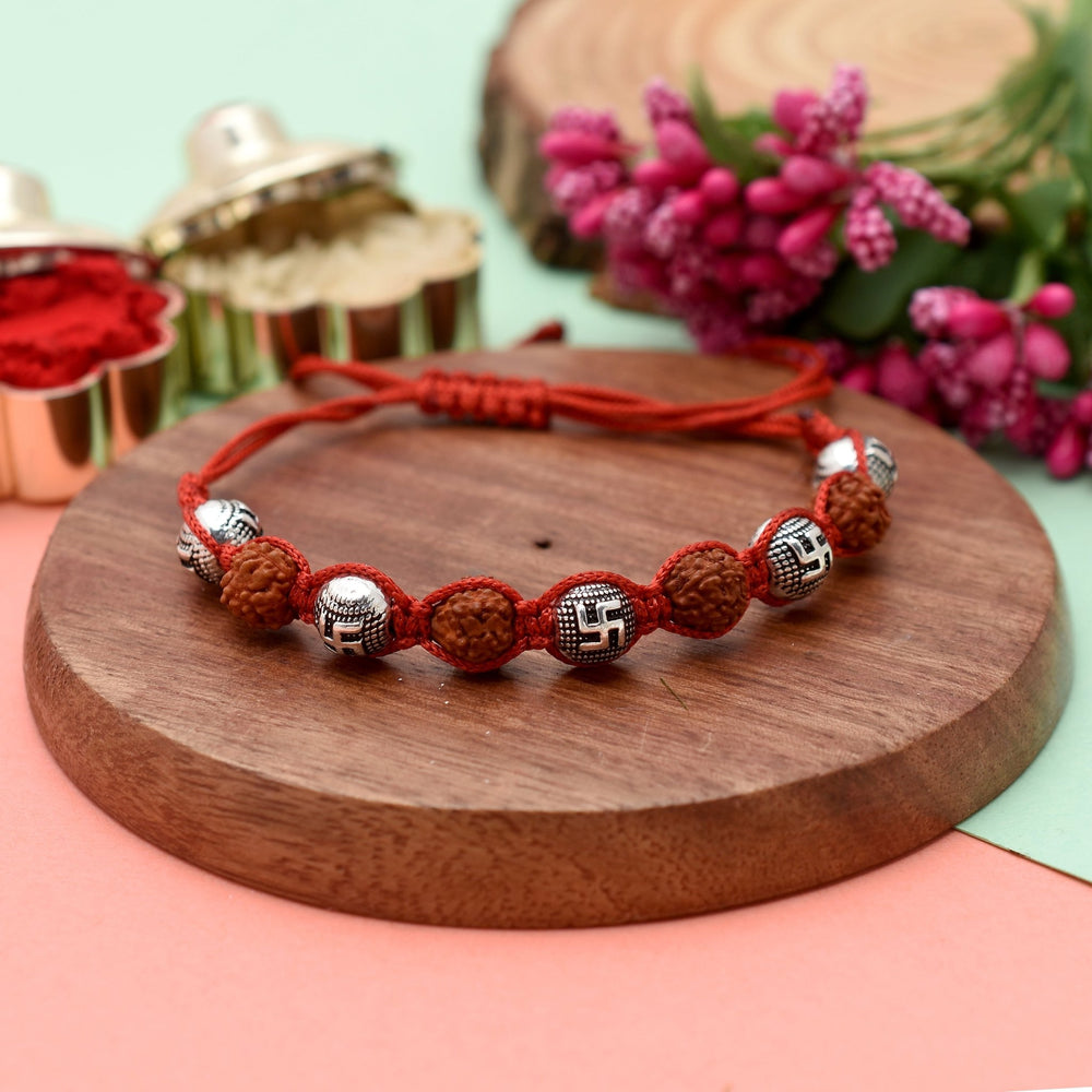 Silver Alloy Rudraksh Swastik Thread Bracelet for Men - Bangles And Bracelets