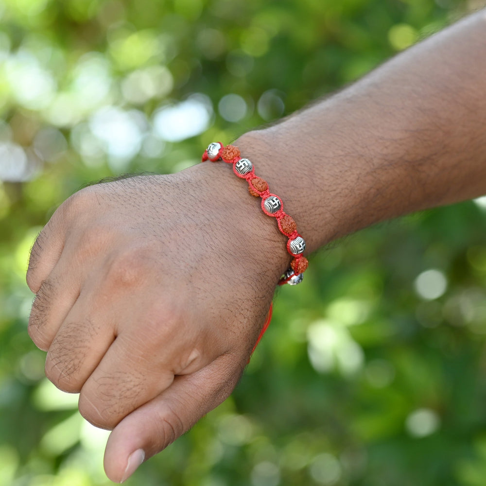 Silver Alloy Rudraksh Swastik Thread Bracelet for Men - Bangles And Bracelets
