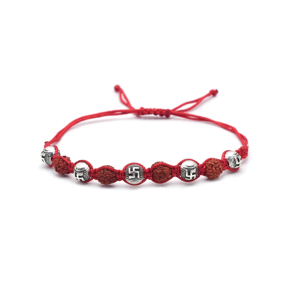 Silver Alloy Rudraksh Swastik Thread Bracelet for Men - Bangles And Bracelets