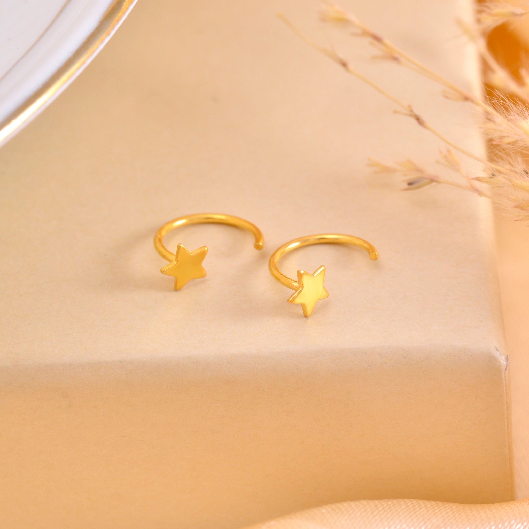 Star Gold Plated 92.5 Sterling Silver Adjustable Hoops Earrings - Hoops