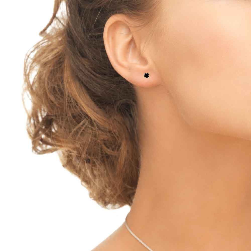 Sterling Silver pair of Round shape 2mm Single Black Cubic Zircon (CZ) Stone Solitaire Stud Earrings - Studs