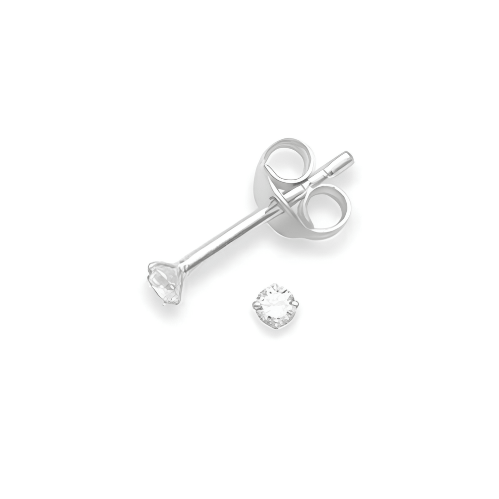 Sterling Silver pair of Round shape 2mm Single White Cubic Zircon (CZ) Stone Solitaire Stud Earrings - Studs
