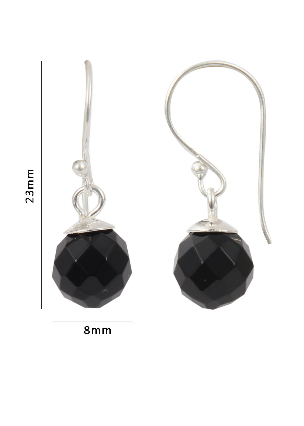 Trendy Earrings 8 mm round Black Onyx in 92.5 Sterling Silver - Danglers
