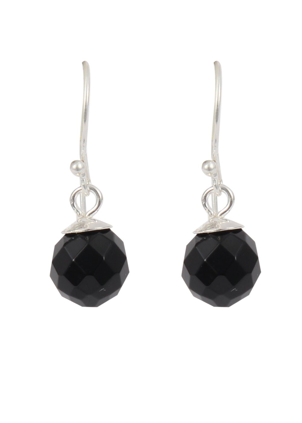 Trendy Earrings 8 mm round Black Onyx in 92.5 Sterling Silver - Danglers