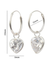 White heart shape Cz 12 MM Hoop Earring in 925 Silver