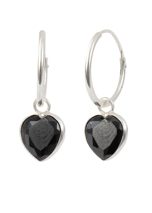 Black heart shape Cz 12 MM Hoop Earring in 925 Silver