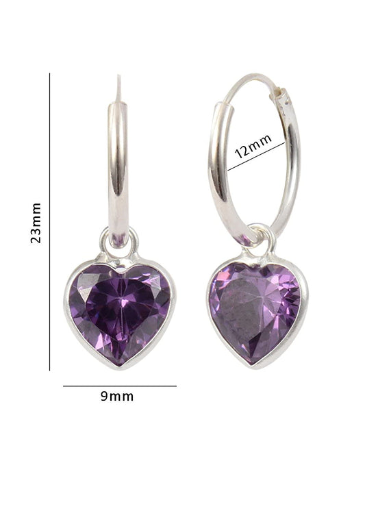 Purple heart shape Cz 12 MM Hoop Earring in 925 Silver