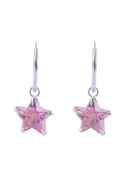 Pair of vibrant Pink Star shape Cz Earring in 92.5 Sterling Silver 12 MM Hoop