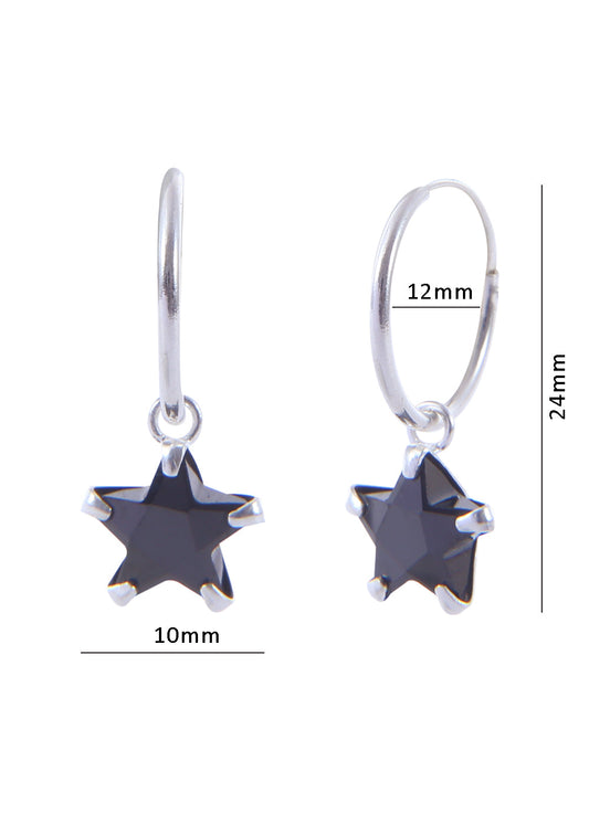 Pair of Black Star shape Cz Earring in 92.5 Sterling Silver 12 MM Hoop