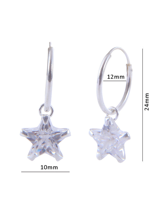 Pair of White Star shape Cz Earring in 92.5 Sterling Silver 12 MM Hoop