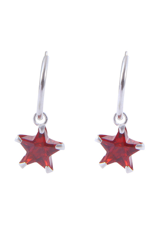 Pair of Red Star shape Cz Earring in 92.5 Sterling Silver 12 MM Hoop