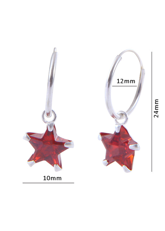 Pair of Red Star shape Cz Earring in 92.5 Sterling Silver 12 MM Hoop