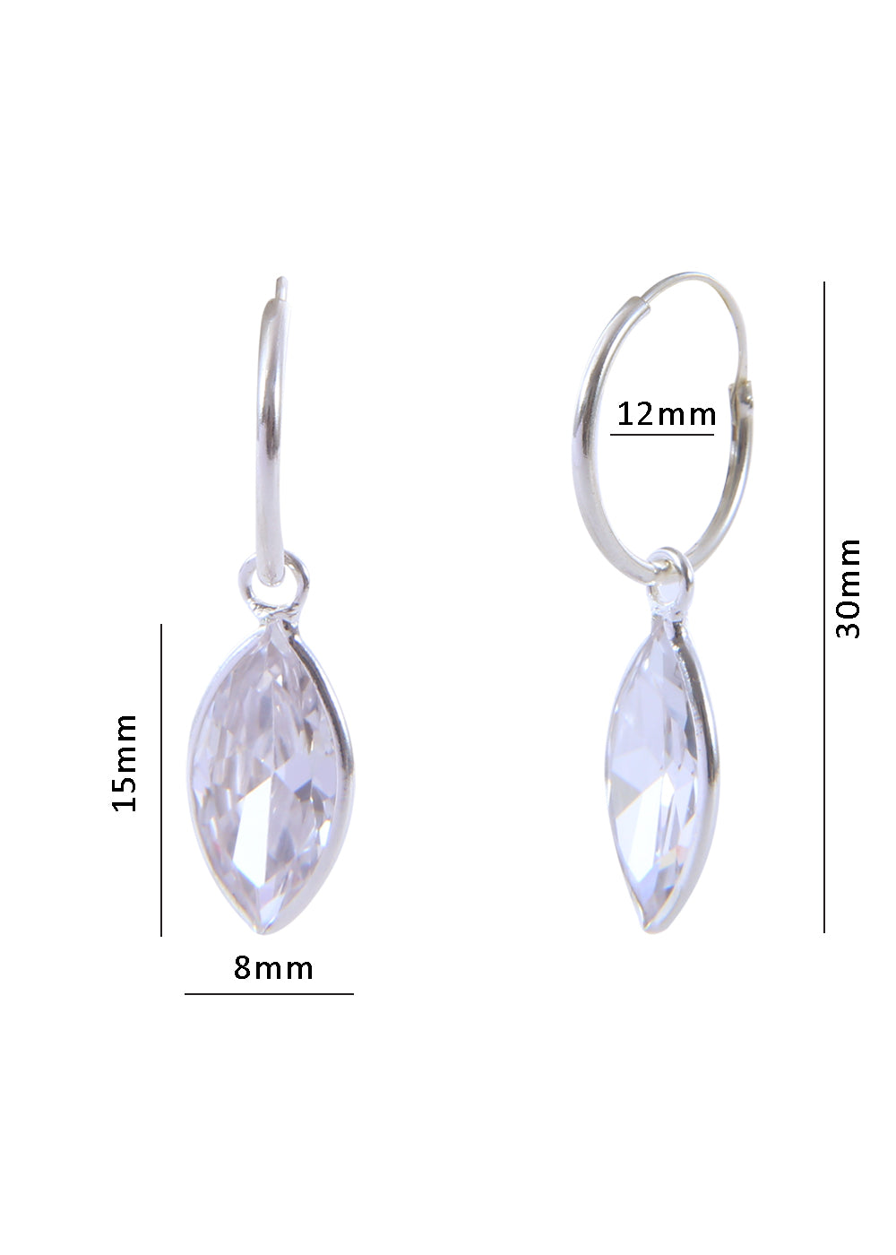 92.5 Sterling Silver Marquise CZ Stone Hanging in 12mm Hoop Earrings