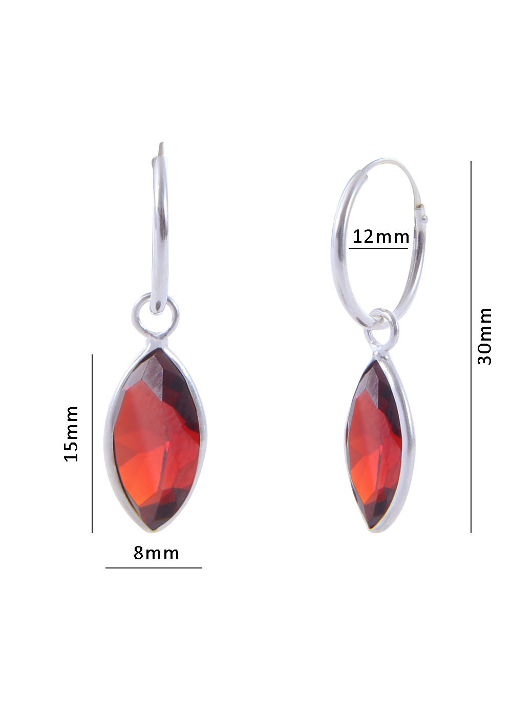 Pair of Red Marquise shape Cz Earring in 92.5 Sterling Silver 12 MM Hoop