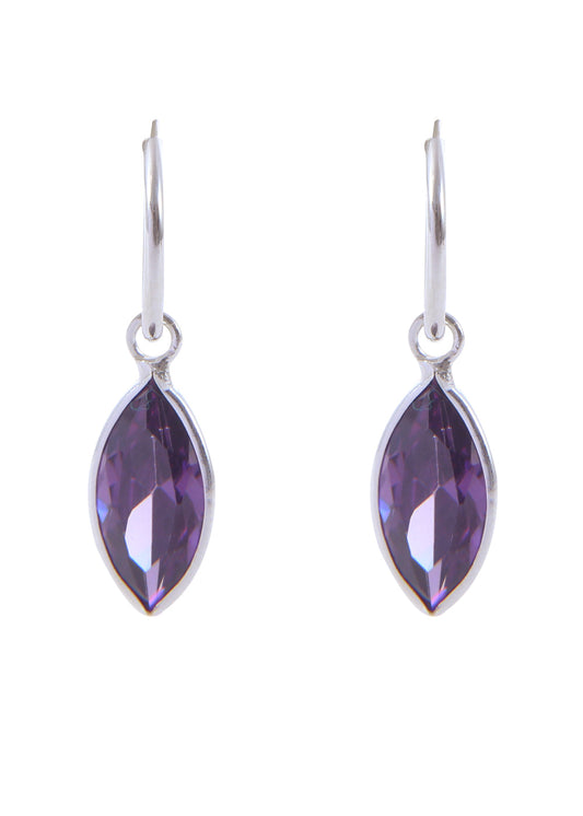 Pair of Dark Purple Marquise shape Cz Earring in 92.5 Sterling Silver 12 MM Hoop