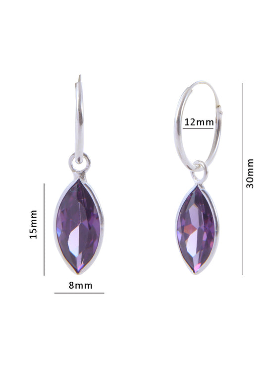 Pair of Dark Purple Marquise shape Cz Earring in 92.5 Sterling Silver 12 MM Hoop