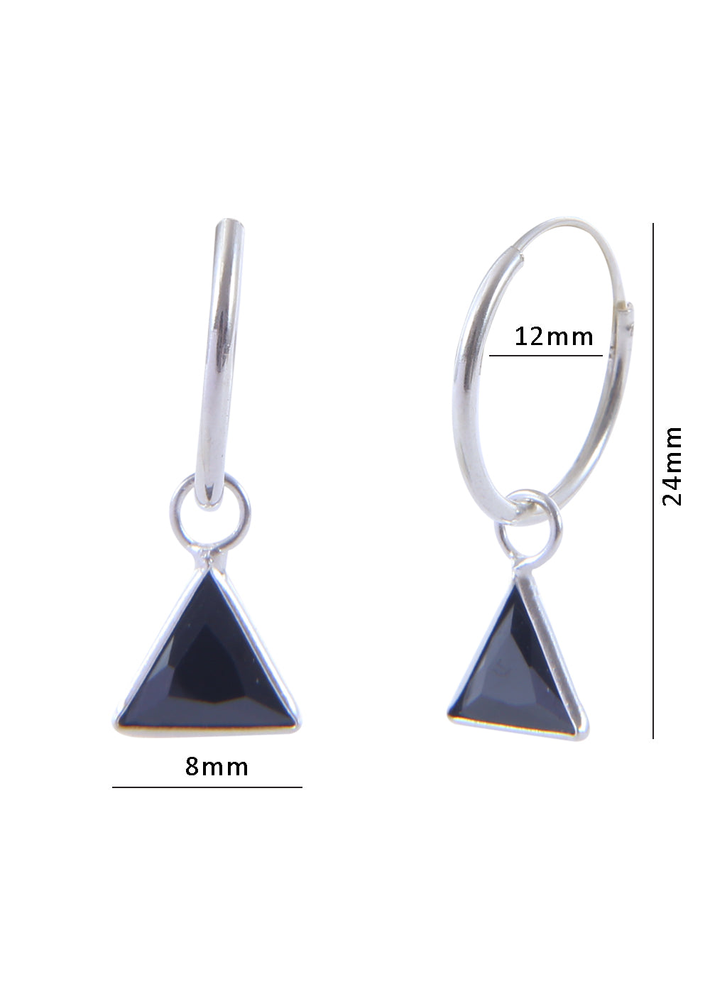 Pair of Black Triangle shape Cz Earring in 92.5 Sterling Silver 12 MM Hoop