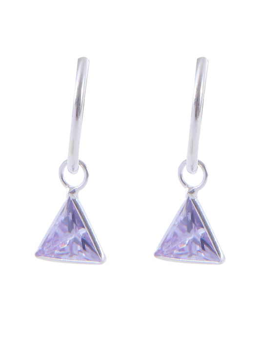 Pair of Light Purple Triangle shape Cz Earring in 92.5 Sterling Silver 12 MM Hoop