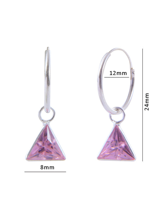 Pair of Pink Triangle shape Cz Earring in 92.5 Sterling Silver 12 MM Hoop