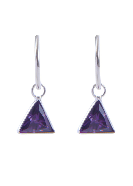 Designer Pair of Dark Purple Triangle shape Cz Earring in 92.5 Sterling Silver 12 MM Hoop