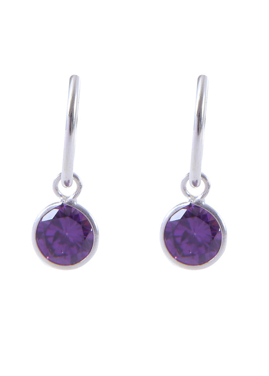 Pair of Dark Purple Round shape Cz Earring in 92.5 Sterling Silver 12 MM Hoop