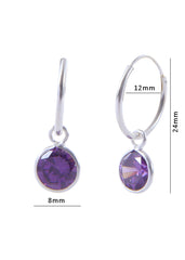 Pair of Dark Purple Round shape Cz Earring in 92.5 Sterling Silver 12 MM Hoop