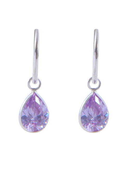 Pair of Light Purple Pear shape Cz Earring in 92.5 Sterling Silver 12 MM Hoop - Default Title - Abhooshan